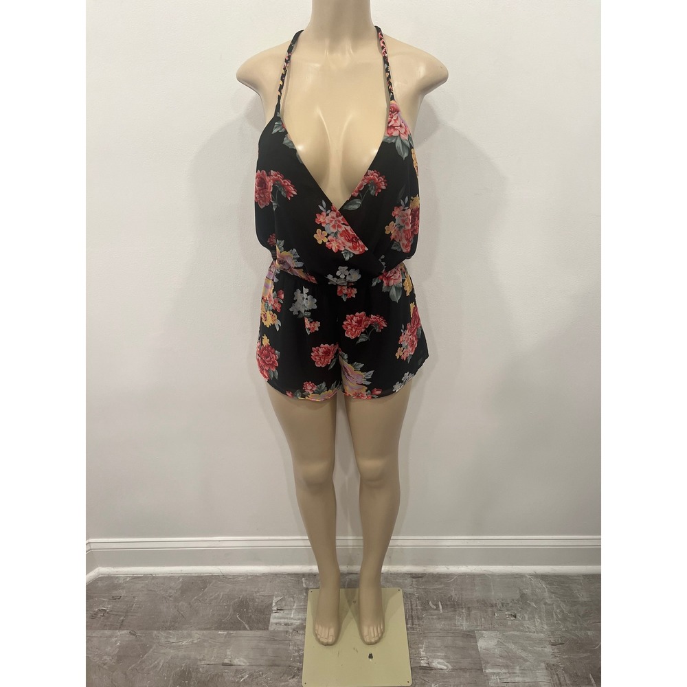 Forever 21 Womens Medium Black Floral Halter Surplice T-Back Chiffon Romper
